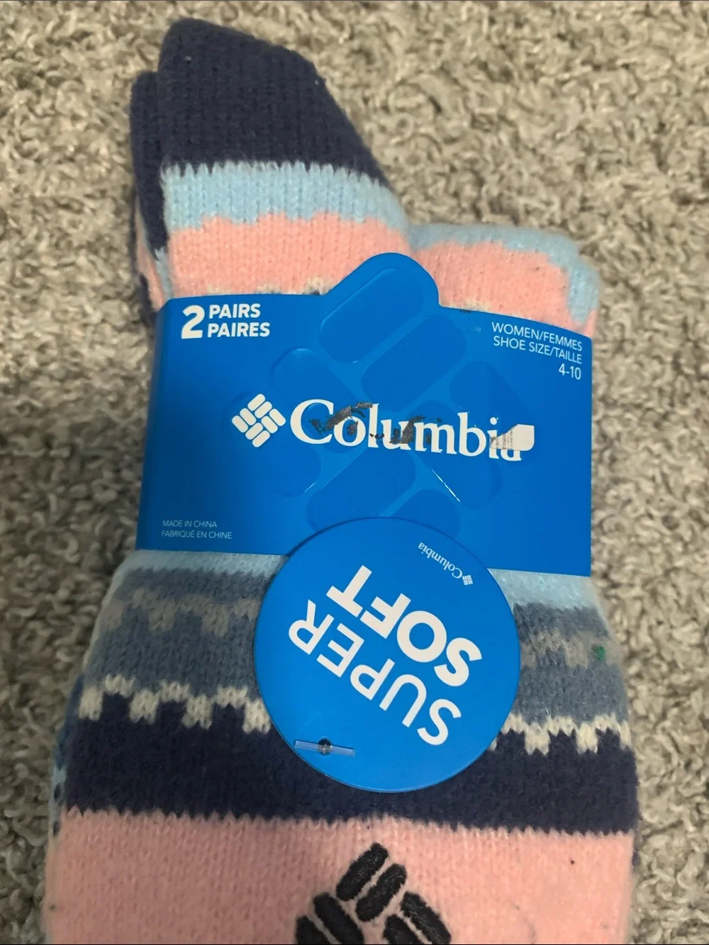 NWT Columbia Navy, Light Blue & Pink Striped Super Soft Crew Socks - 2 Pack
